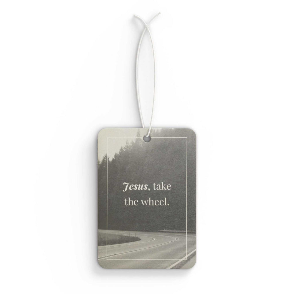 Guided by Jesus car air freshener with "Jesus, take the wheel" text and scenic road design