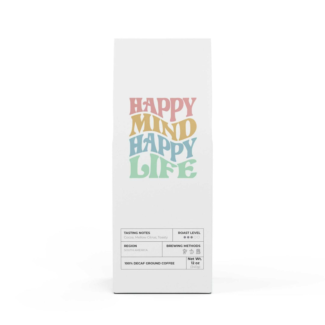 Happy Mind Coffee medium roast decaf ground coffee with cocoa and mellow citrus tasting notes in 12oz package