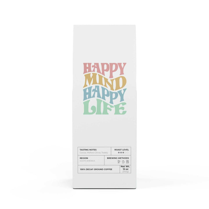 Happy Mind Coffee medium roast decaf ground coffee with cocoa and mellow citrus tasting notes in 12oz package