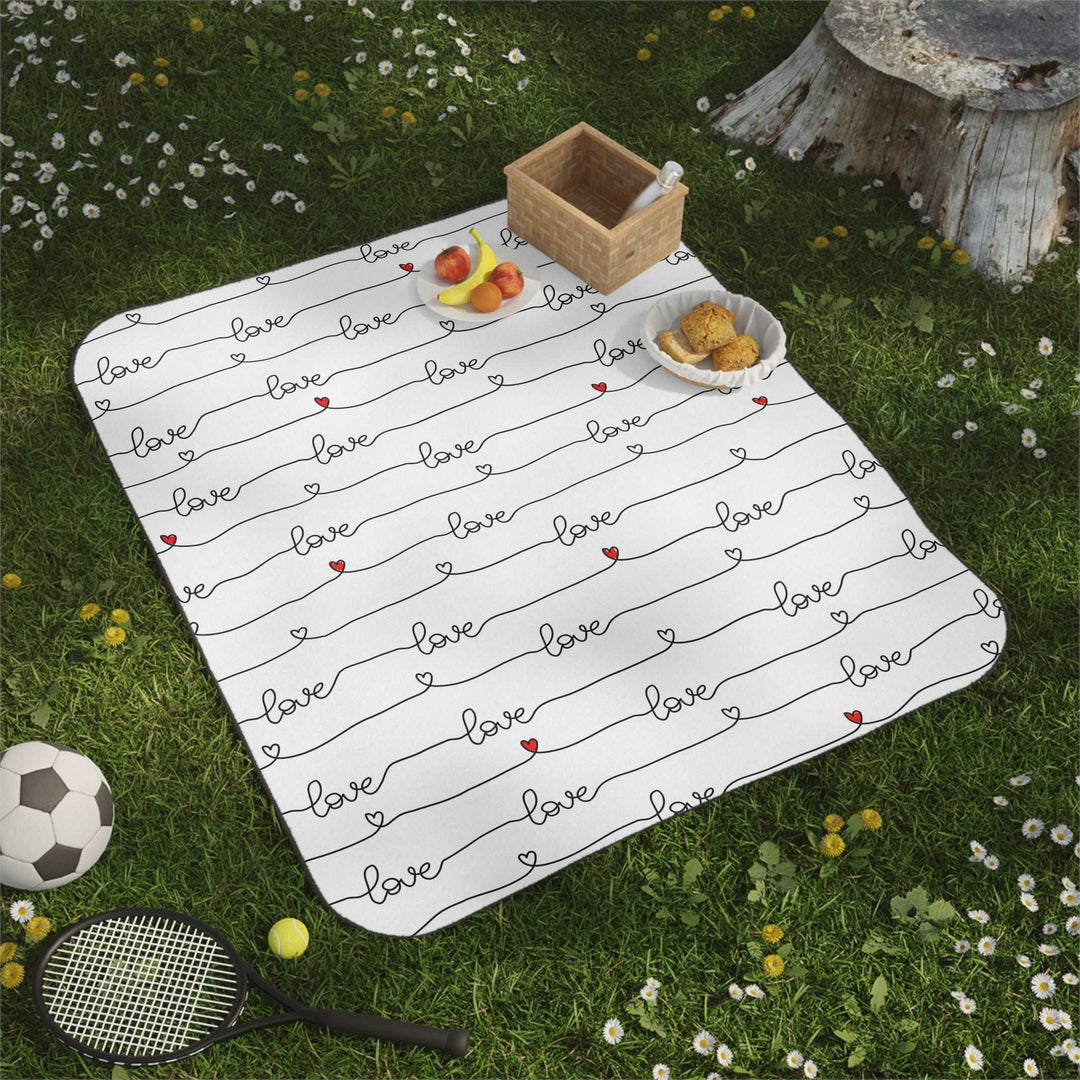 Christian picnic blanket with love script design, soft mink polyester top and water-resistant oxford cloth bottom, includes carrying strap.