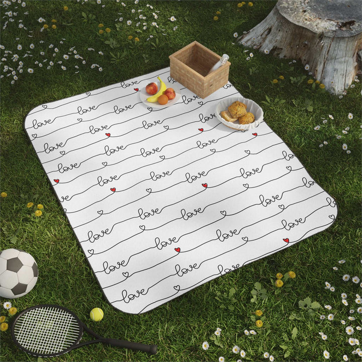 Christian picnic blanket with love script design, soft mink polyester top and water-resistant oxford cloth bottom, includes carrying strap.