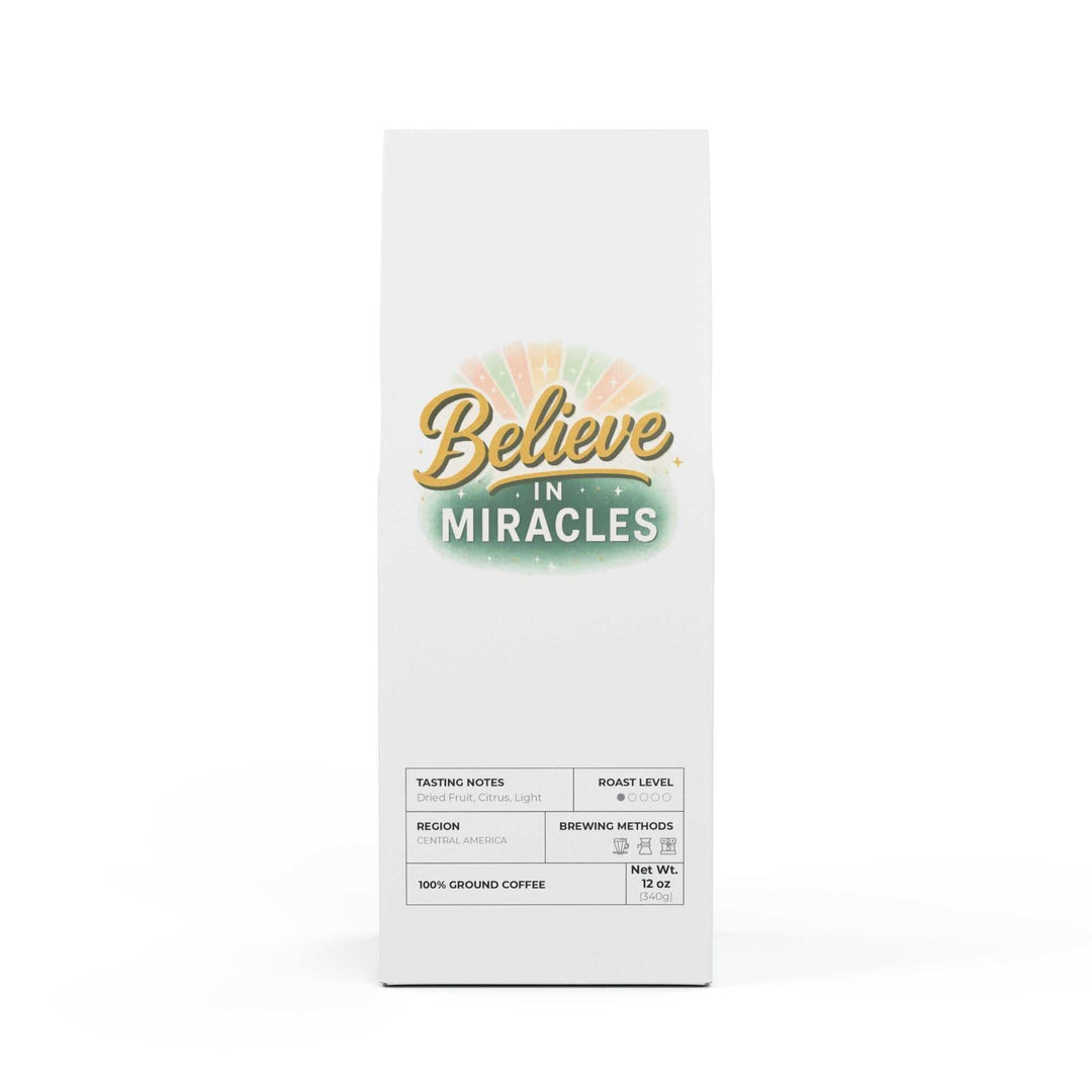 Believe In Miracles Coffee light roast 12oz bag with dried fruit and citrus flavor notes, milk chocolate and almond hints, specialty grade craft coffee.