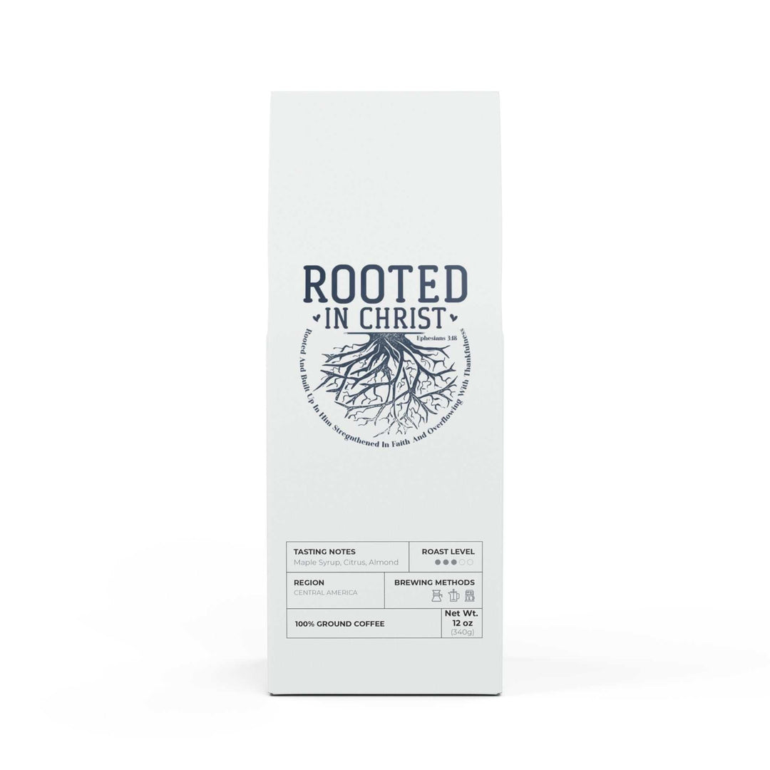 Rooted in Christ Coffee medium roast 12oz ground coffee with maple syrup, citrus, and chocolate-covered almond notes from Central America