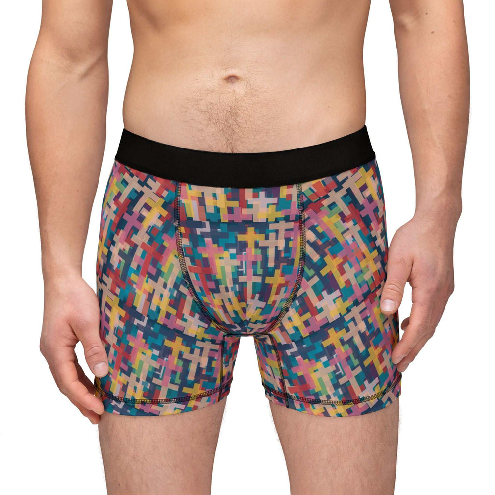 Men's colorful cross pattern boxers with black waistband, stretchy and soft fabric blend.