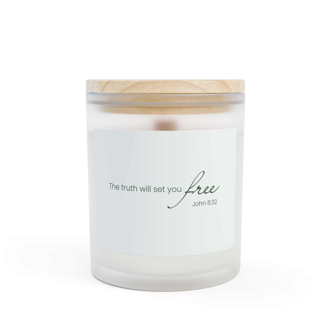 Natural off-white frosted glass candle with wooden wick and raw maple lid, featuring inspirational quote "The truth will set you free"