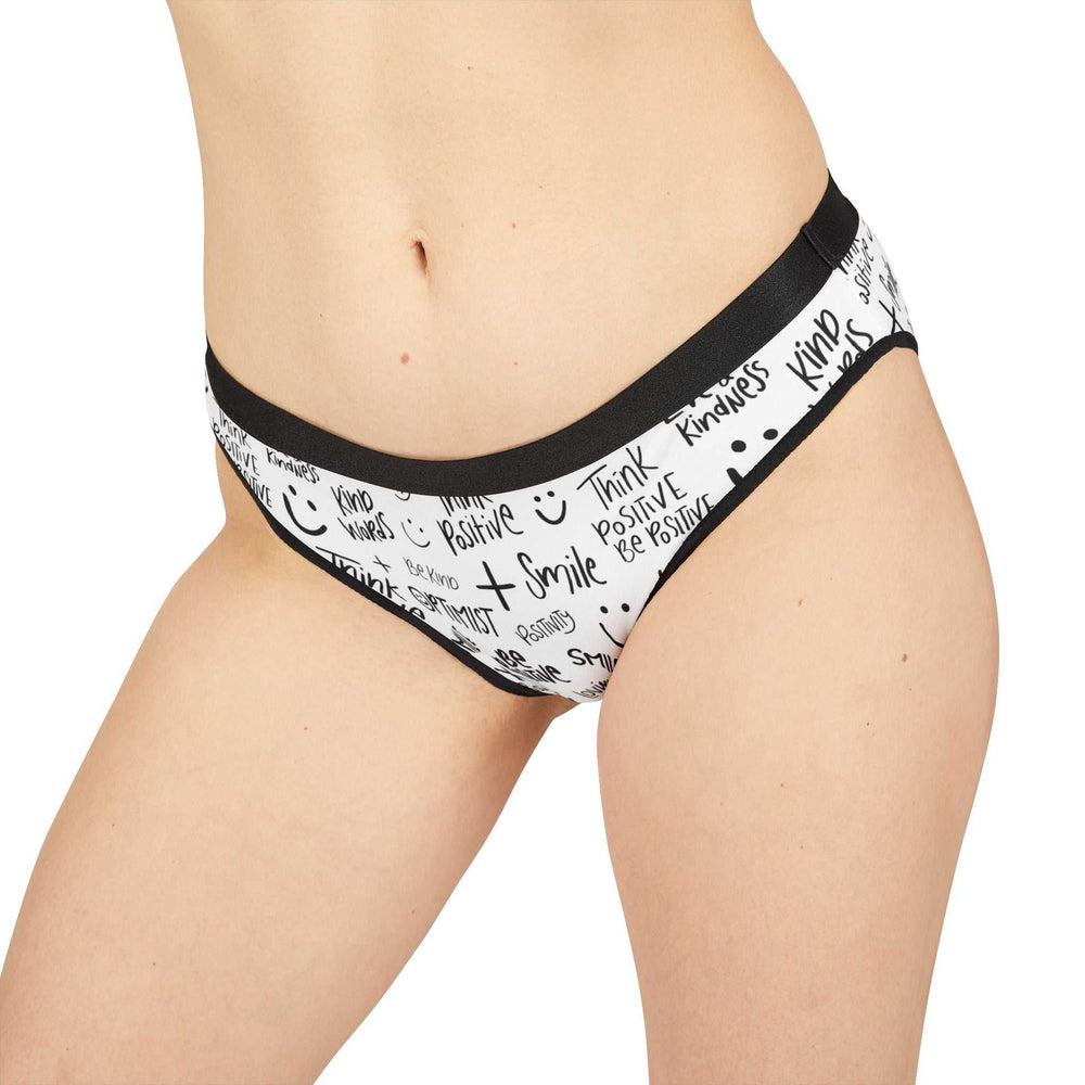 Women's Think Positive Underwear briefs with black waistband, white fabric featuring positive words and smiley prints, breathable elastic fit