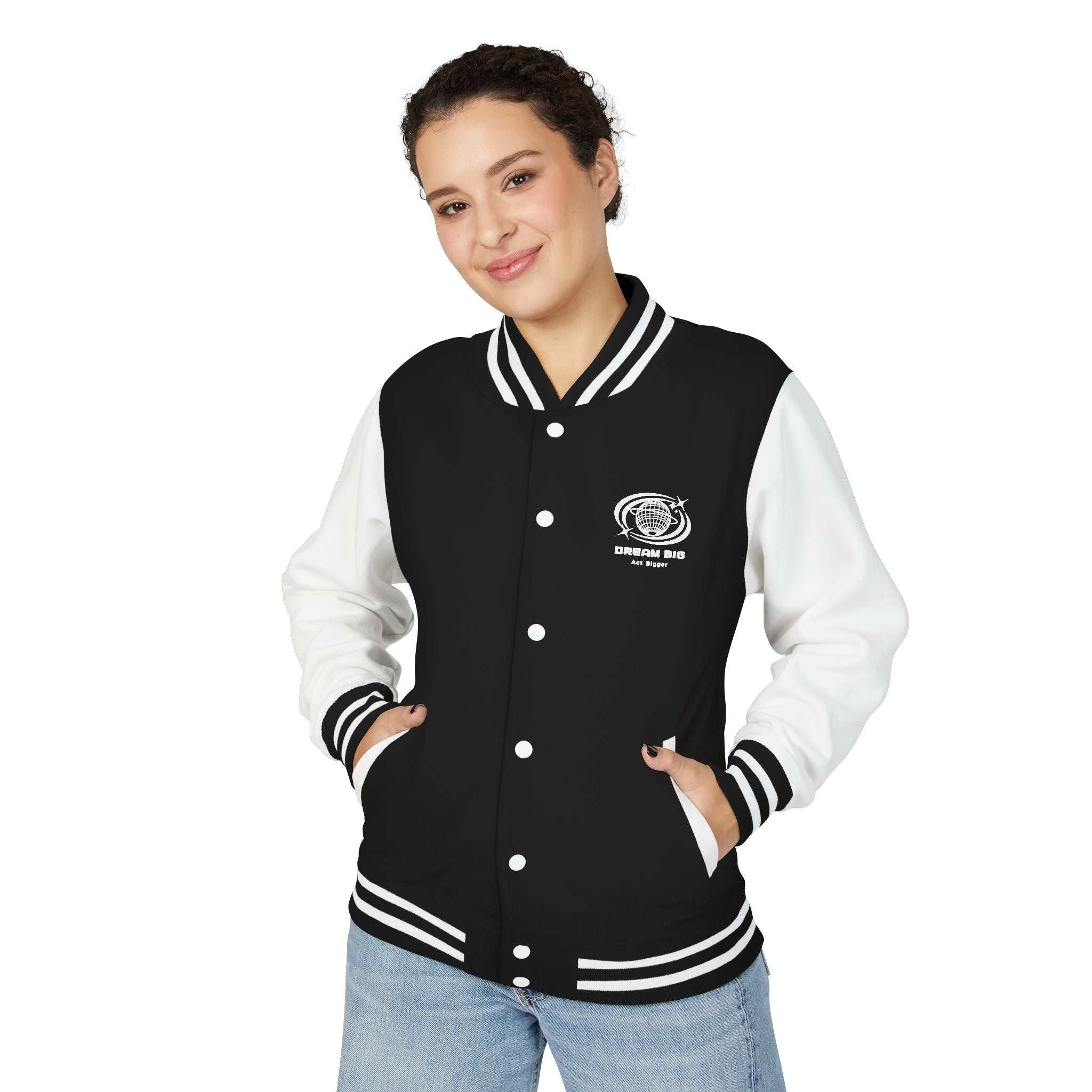 Black and white Dream Big varsity jacket with button closure and embroidered logo