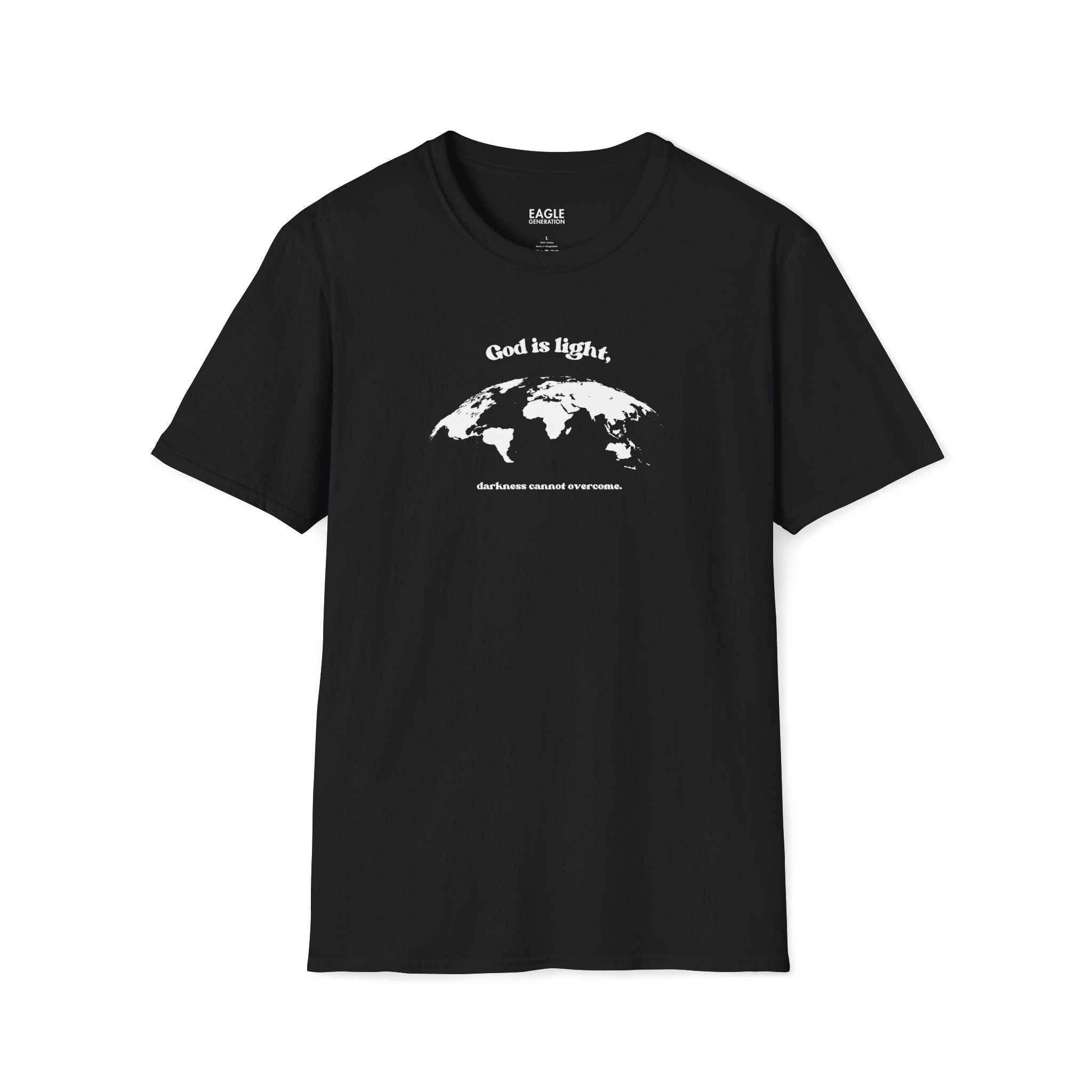 Black God's Light T-shirt with white faith-inspired world map design and classic fit made from 100% ring-spun cotton