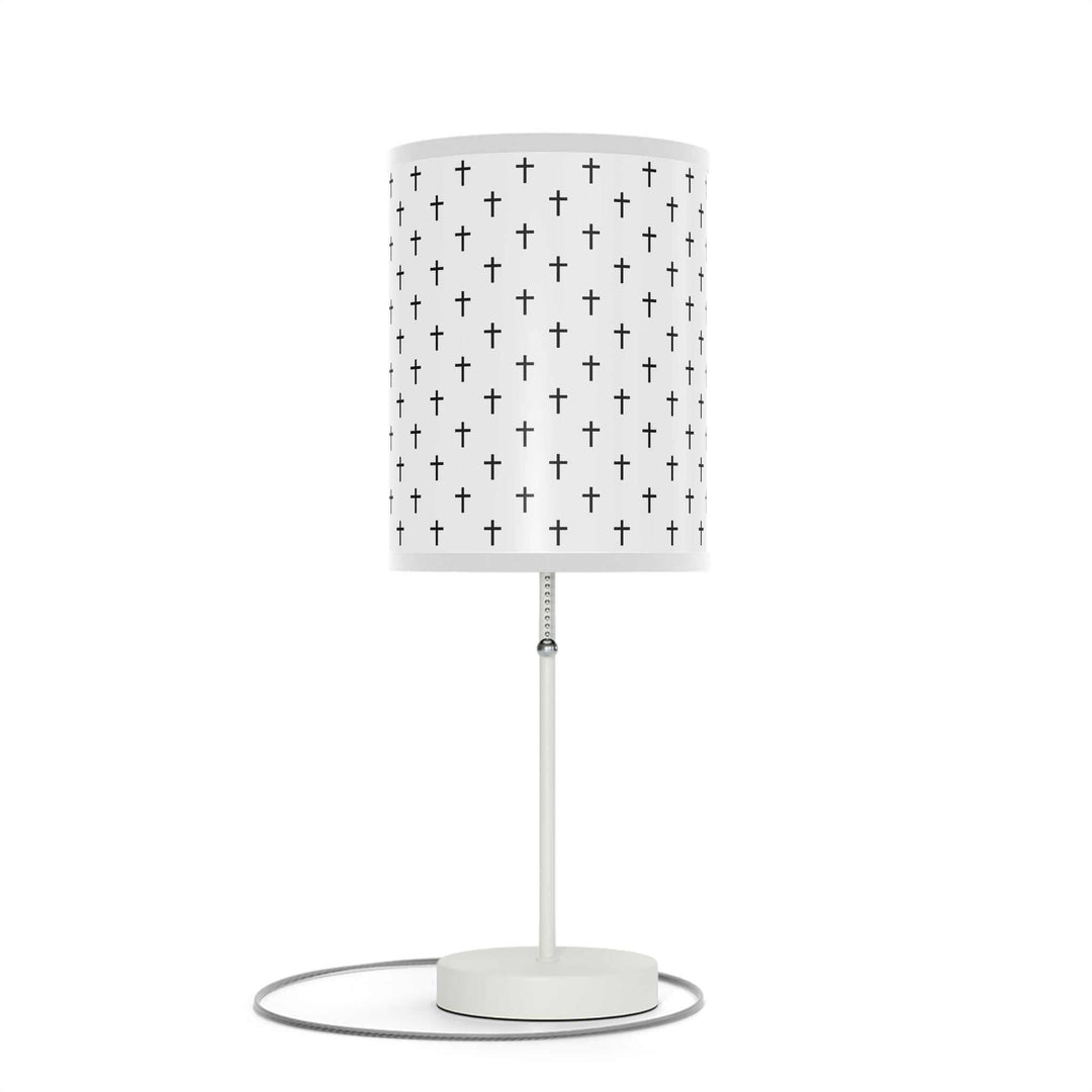 Jesus Cross Lamp with white steel base and printed shade featuring black crosses pattern