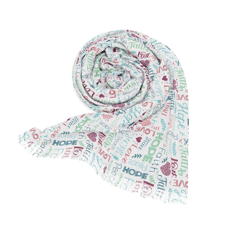 Lightweight Faith Light Scarf with inspirational words and colorful print on transparent polyester fabric