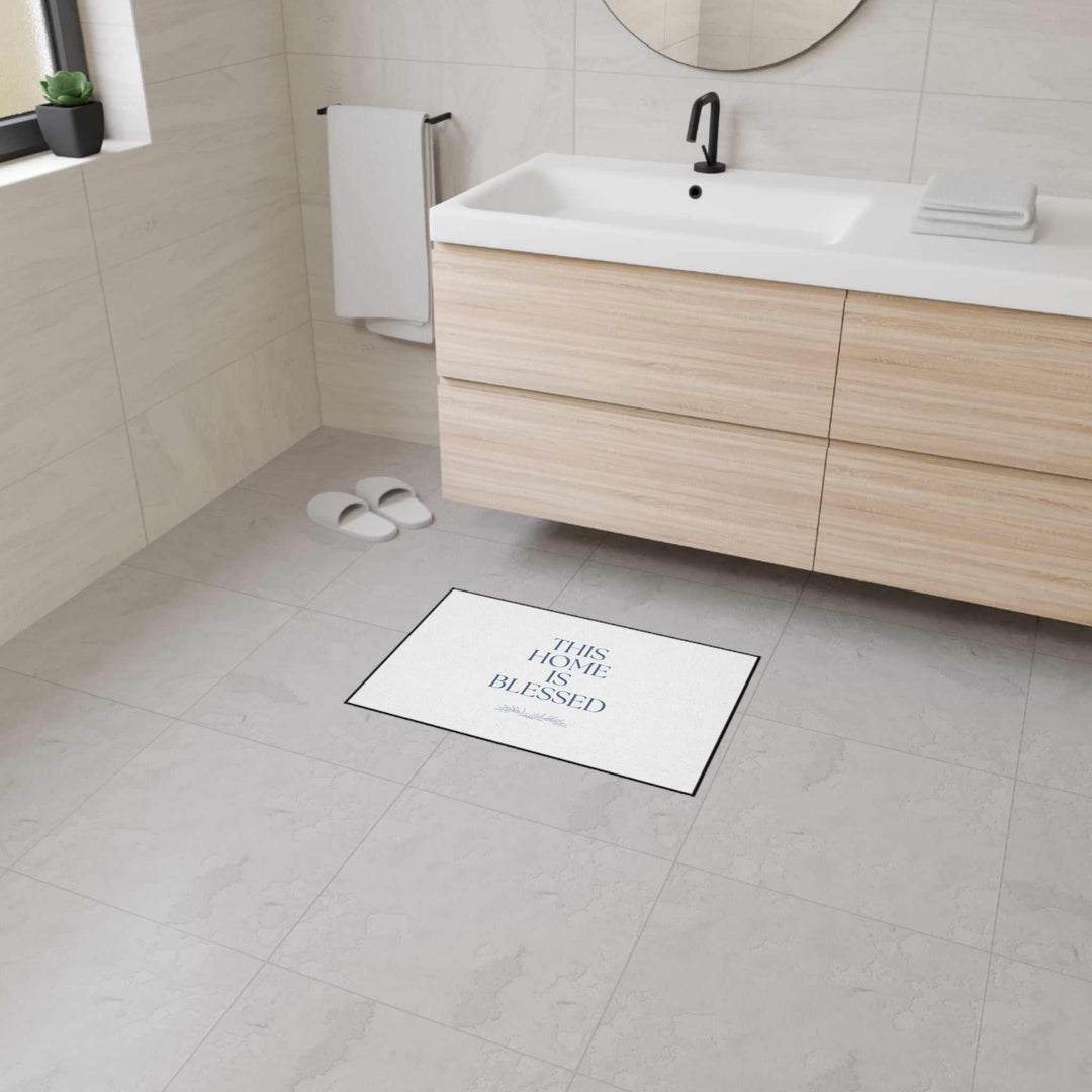 Blessed Home Floor Mat white polyester non-slip bathroom rug with black trim and text design