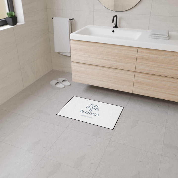 Blessed Home Floor Mat white polyester non-slip bathroom rug with black trim and text design