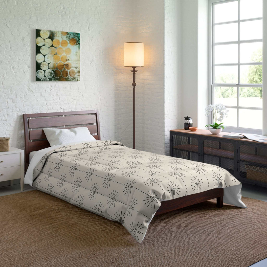 Christian Pattern Comforter on bed in cozy bright bedroom with modern decor