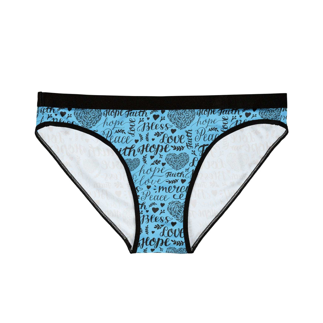 Christian Design Underwear blue briefs with black waistband and faith-inspired all-over print, breathable antimicrobial fabric, and 4-way stretch for comfort and support.
