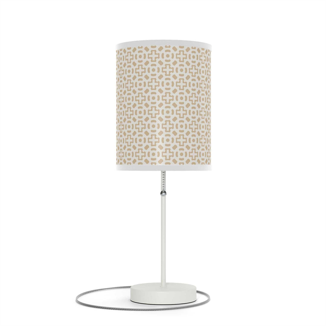 Cross Design Lamp with steel base in white finish and high-resolution printed shade in beige pattern, 20-inch tall table lamp