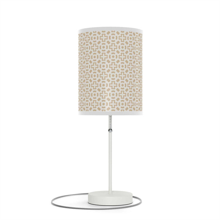 Cross Design Lamp with steel base in white finish and high-resolution printed shade in beige pattern, 20-inch tall table lamp