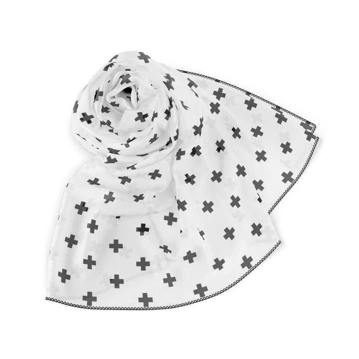 White Christian poly scarf with black cross patterns and black stitched edges, sheer lightweight polyester fabric