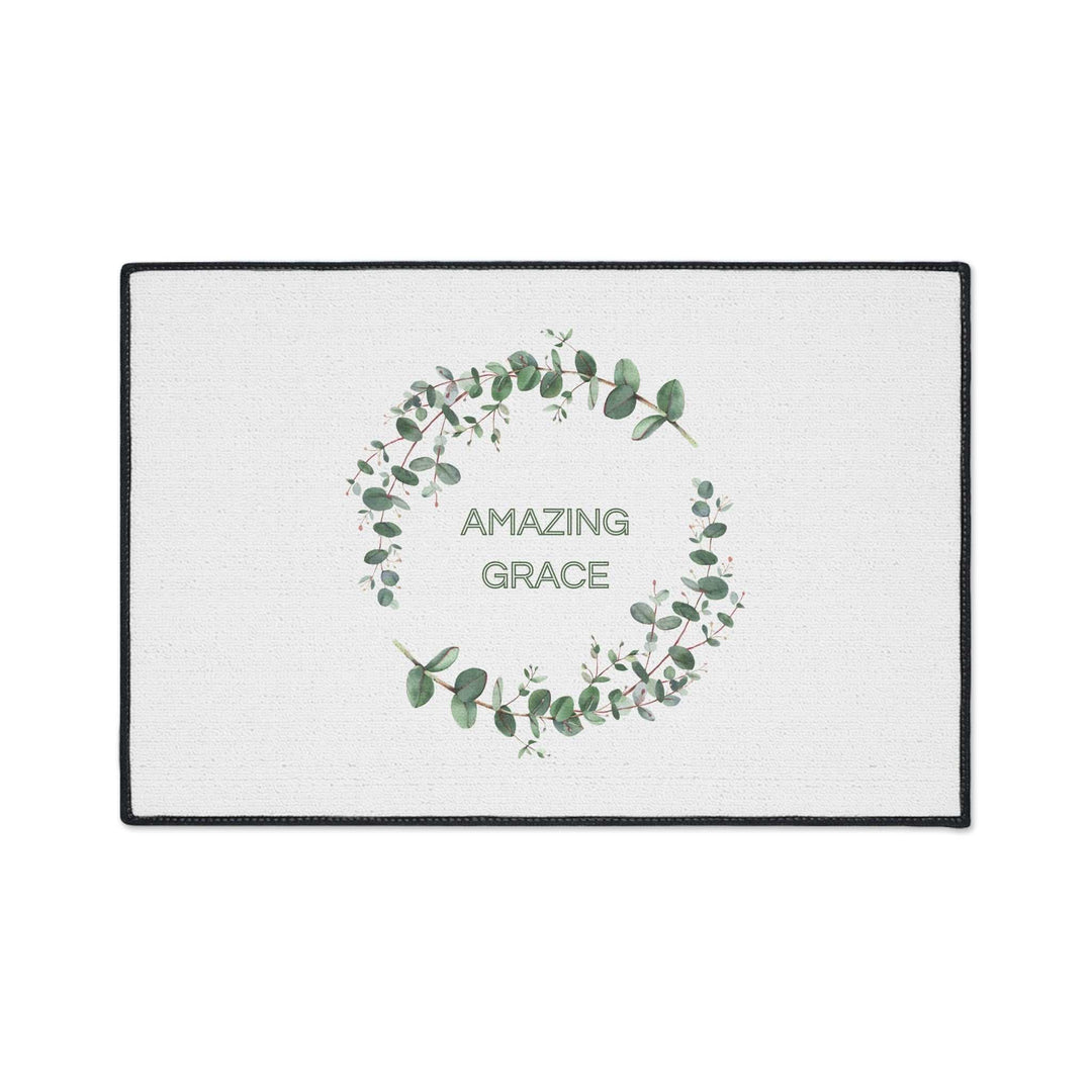 Amazing Grace Floor Mat with eucalyptus wreath design, 100% polyester, non-slip backing, black trim, one-sided print