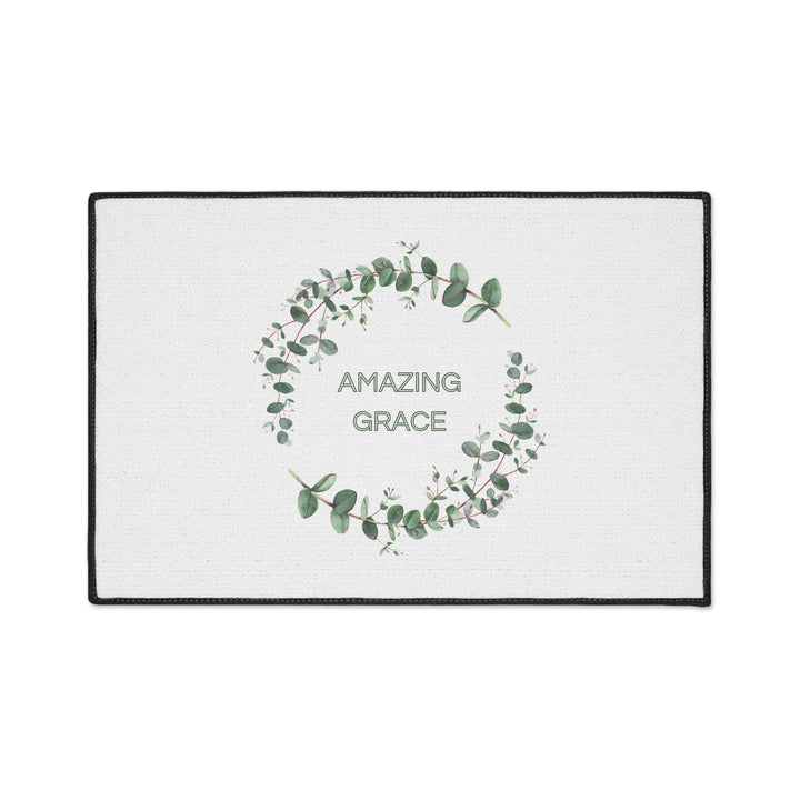 Amazing Grace Floor Mat with eucalyptus wreath design, 100% polyester, non-slip backing, black trim, one-sided print