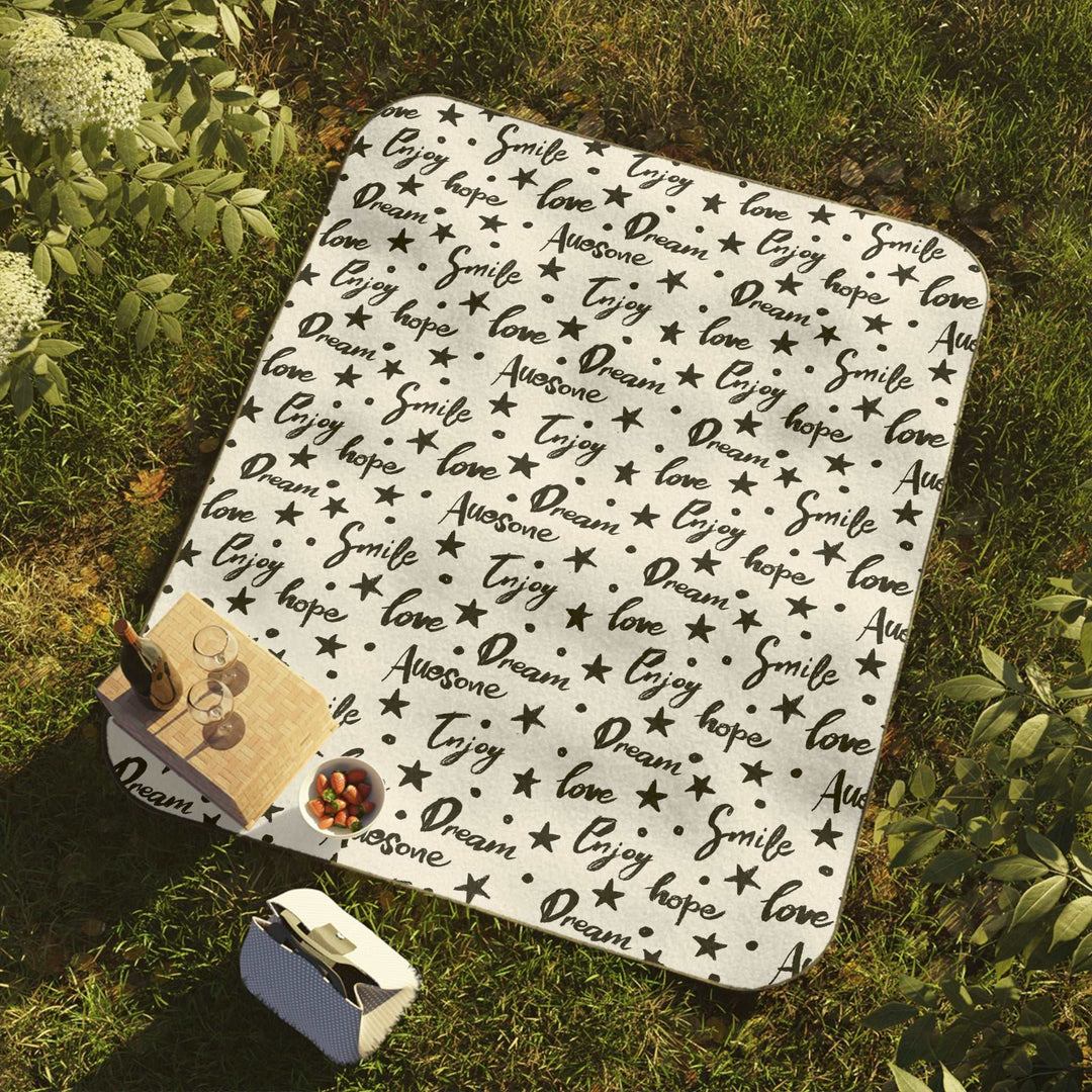 Bible verse picnic blanket with inspiring words and water-resistant backing on grass