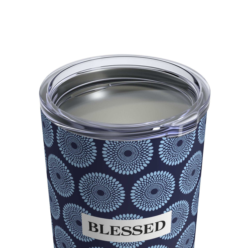 African Print Tumbler with clear push-on lid displaying "BLESSED" text