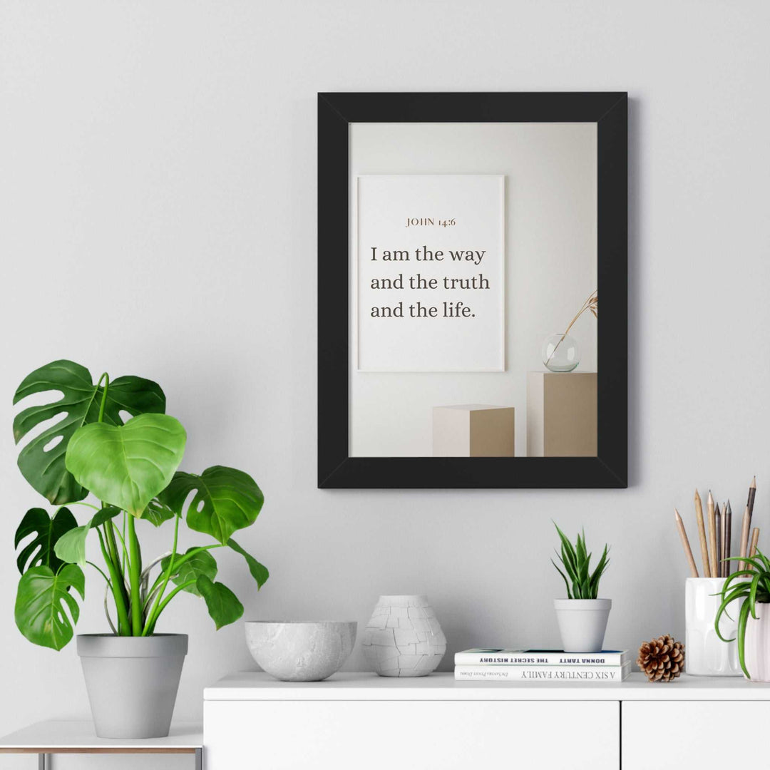 Framed All in Jesus poster with John 14:6 scripture in minimalist room with plants and decor
