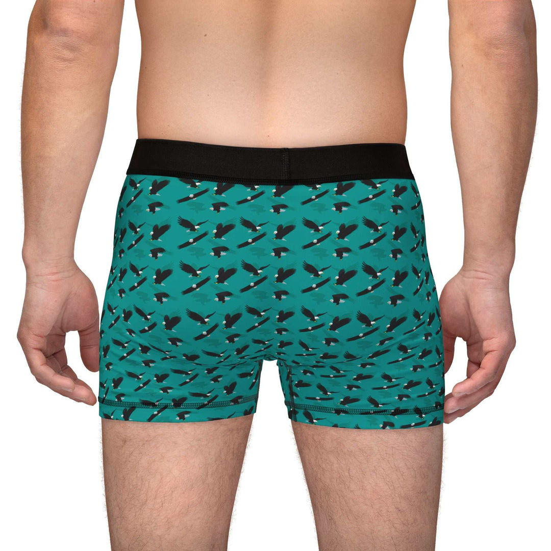 Back view of Eagle Flying Men's Boxers in teal with black waistband