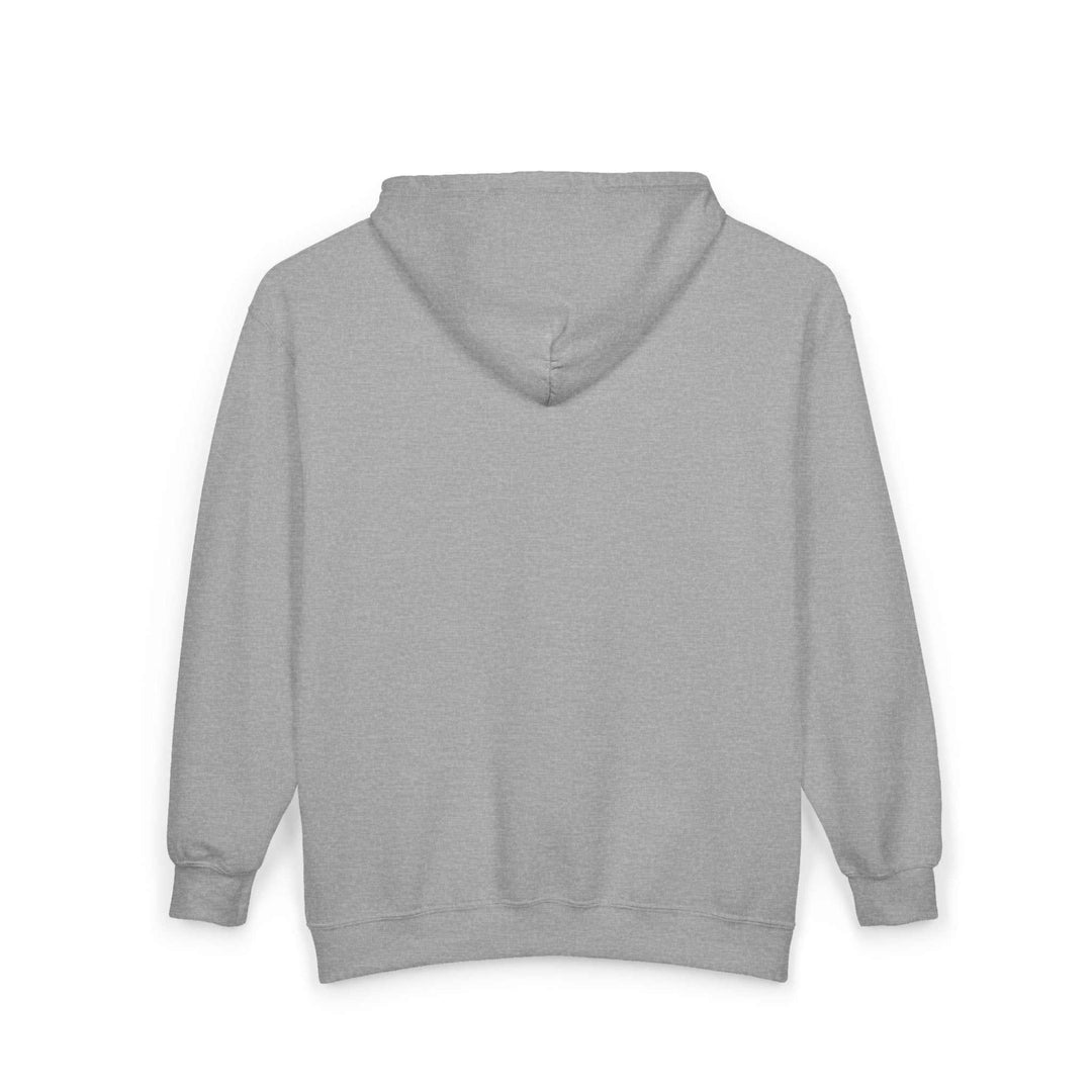 Back view of a gray Africa Zip Hooded Sweatshirt with classic fit