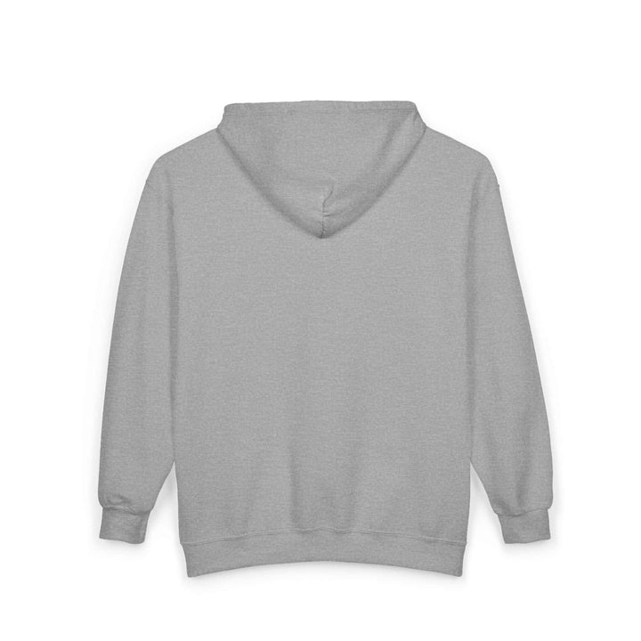 Back view of a gray Africa Zip Hooded Sweatshirt with classic fit