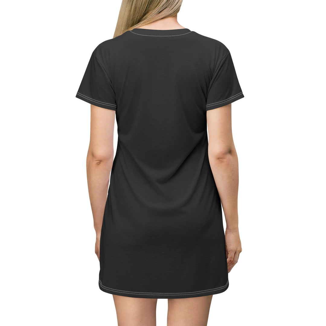 Back view of a woman wearing a black Christian T-Shirt Dress