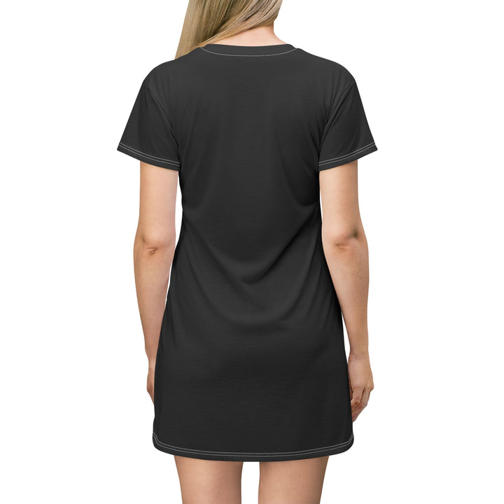 Back view of a woman wearing a black Christian T-Shirt Dress