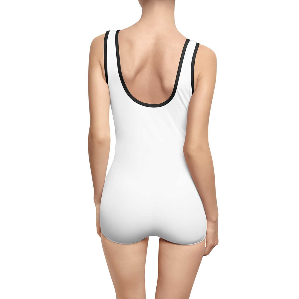 Back view of a woman wearing a white Blessed Vintage Swimsuit