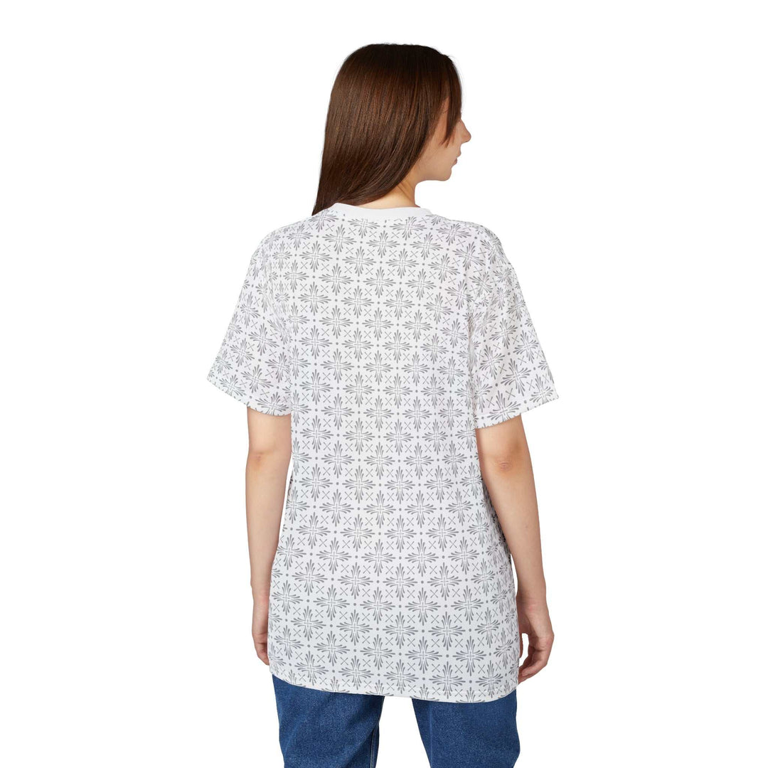 Back view of a woman wearing a white Christian Cross T-Shirt