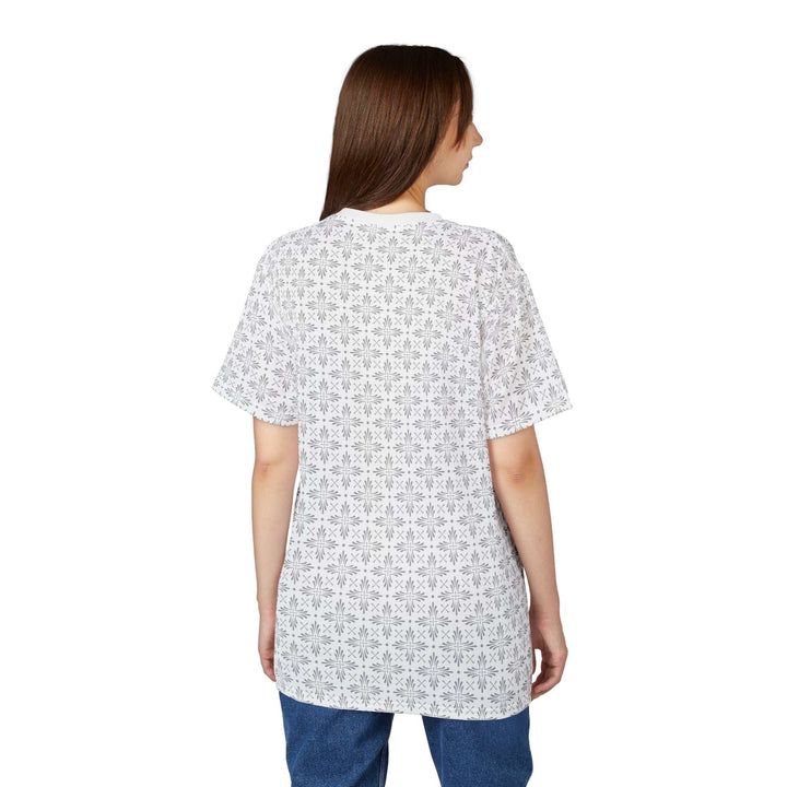 Back view of a woman wearing a white Christian Cross T-Shirt