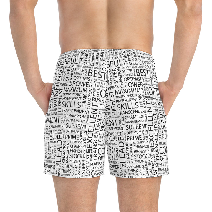 Back view of man wearing white Positive Words Swim Trunks