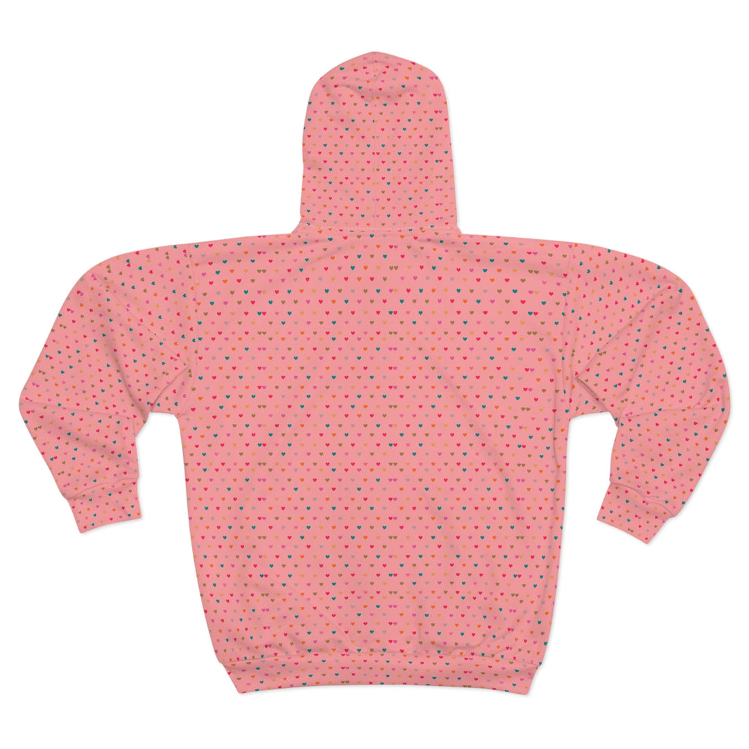 Back view of pink hearts pattern zip hoodie with black zipper