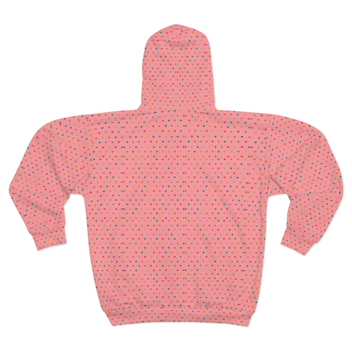 Back view of pink hearts pattern zip hoodie with black zipper