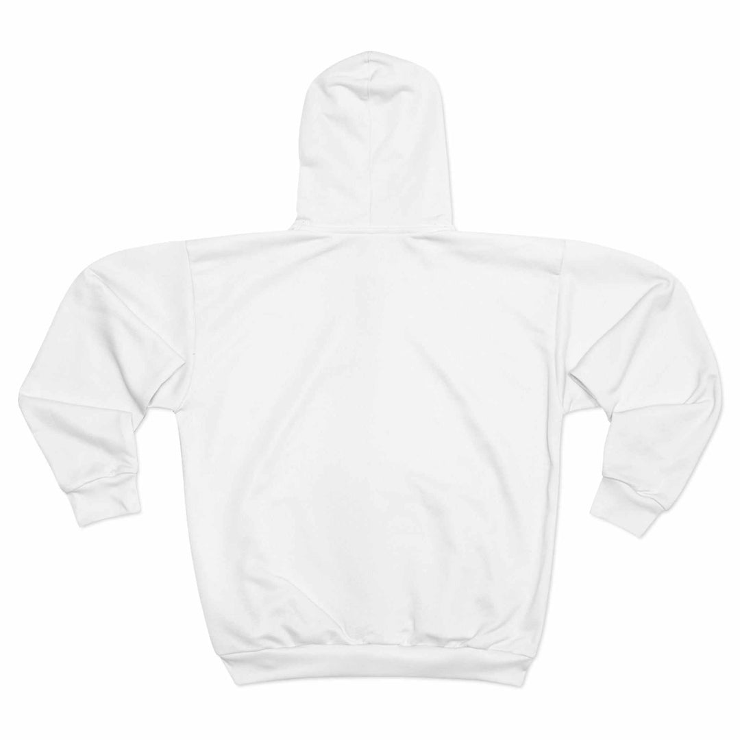 Back view of white Christian Cross zip hoodie