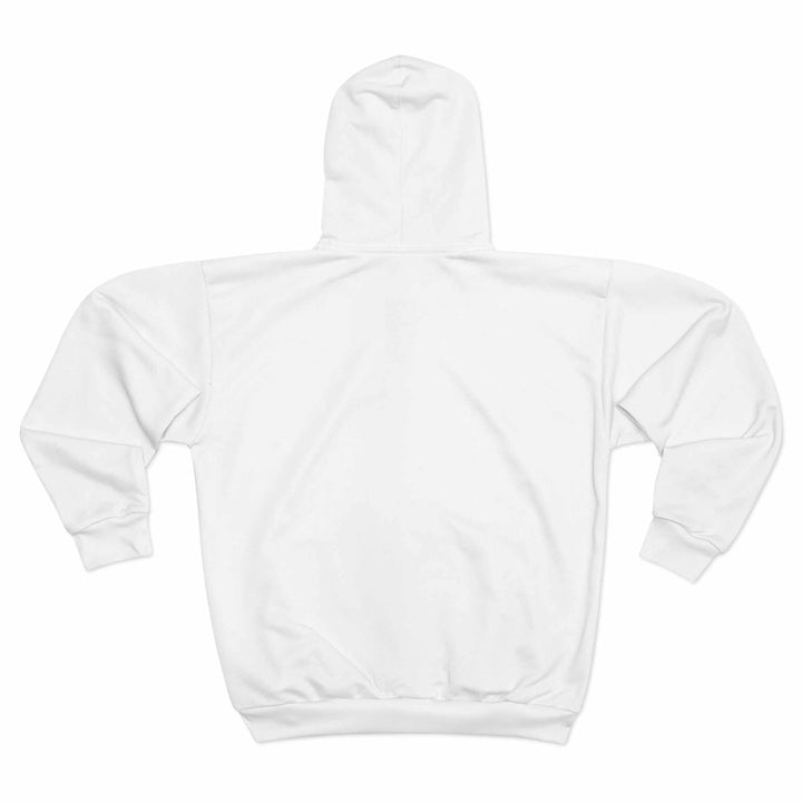 Back view of white Christian Cross zip hoodie