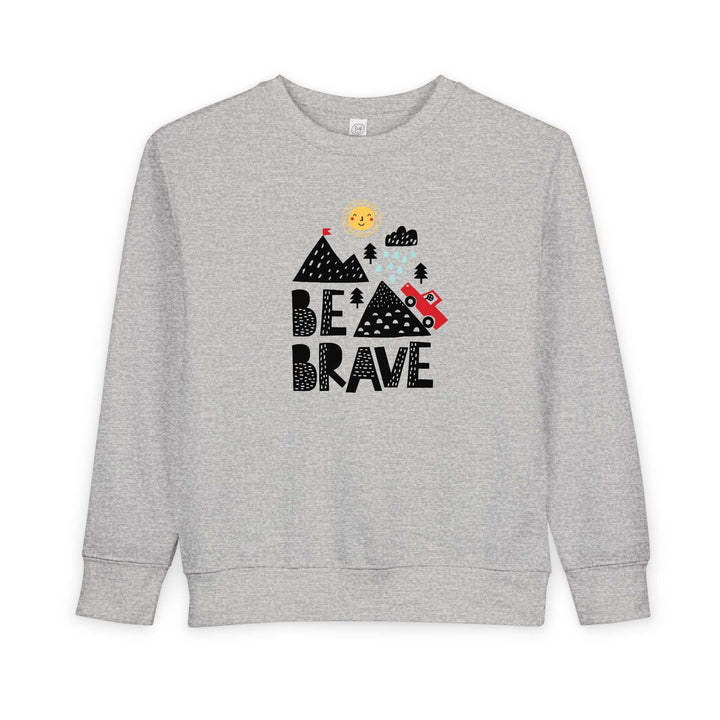 Be Brave toddler sweatshirt in gray with mountain and sun graphic