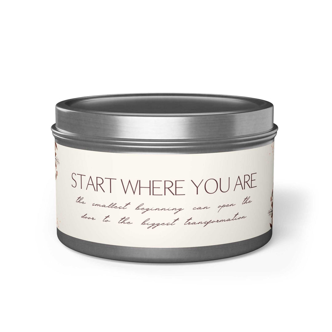 Begin Now Tin Candle in silver tin with inspirational label