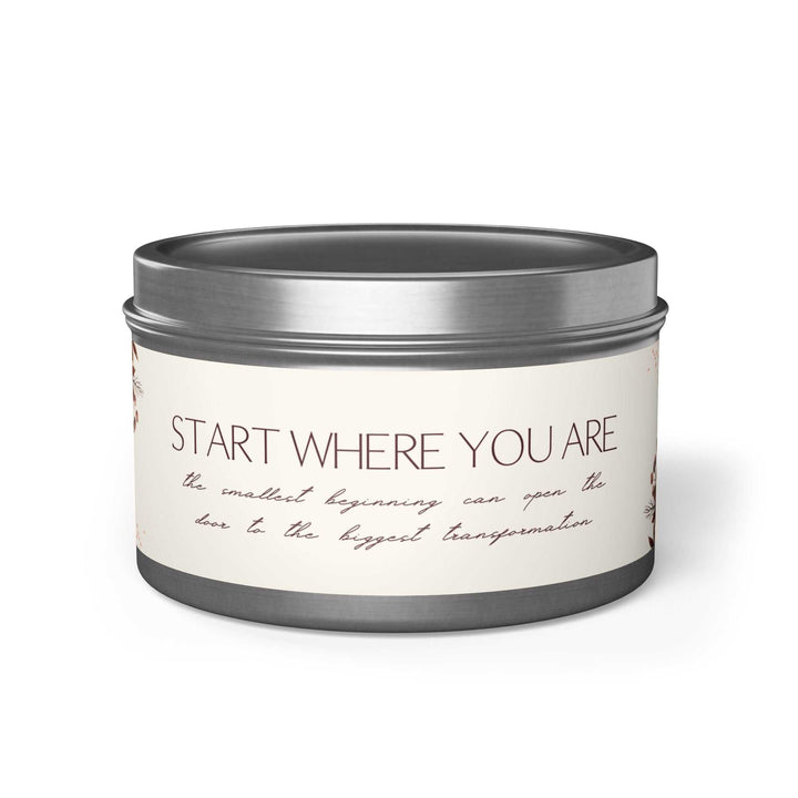 Begin Now Tin Candle in silver tin with inspirational label