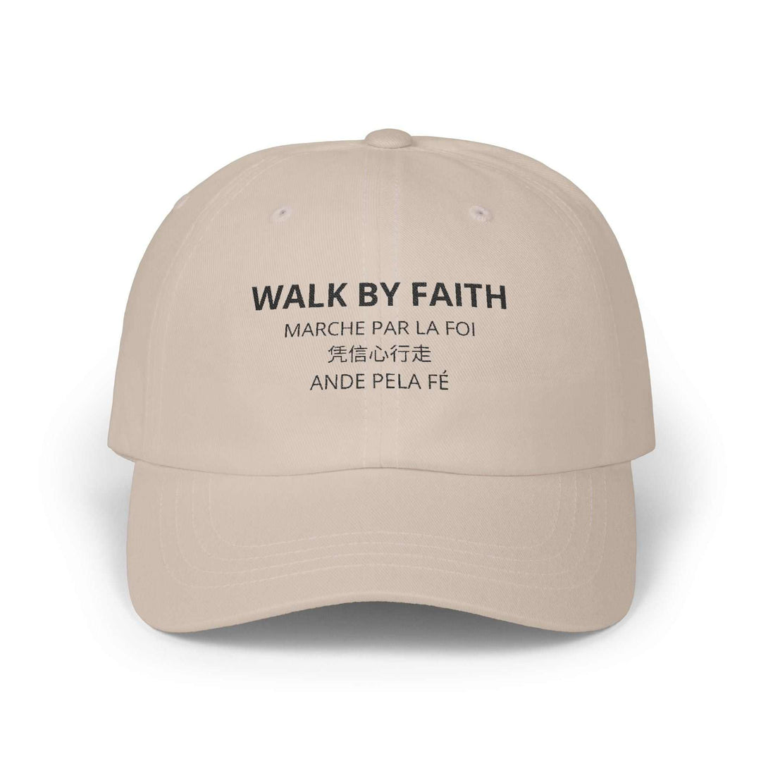 Beige Walk by Faith Cap with inspirational multilingual text and adjustable antique brass buckle strap