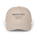 Beige Walk by Faith cap with inspirational text embroidered on front and adjustable strap closure