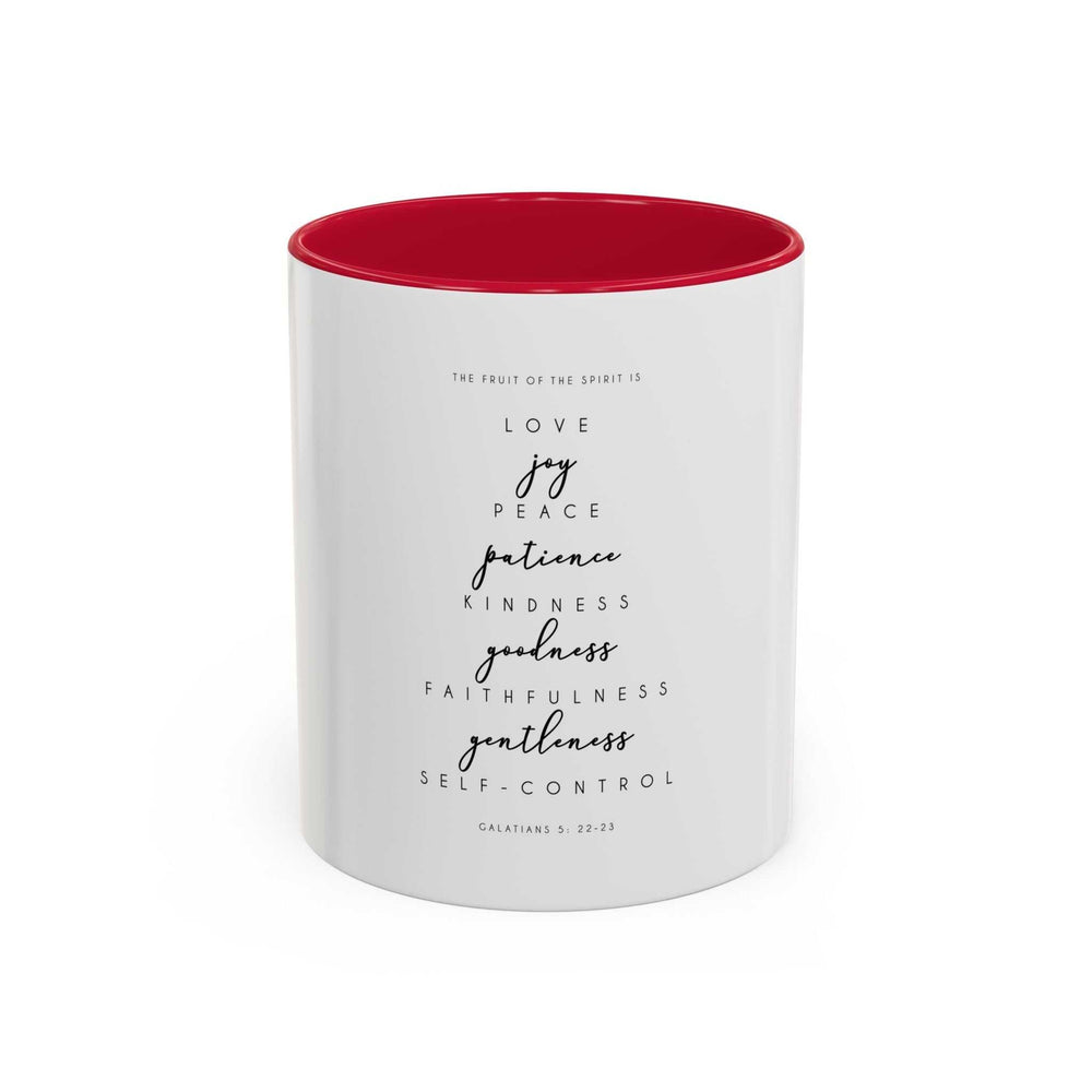 Bible Quote Mug with red interior and handle, featuring Galatians 5:22-23