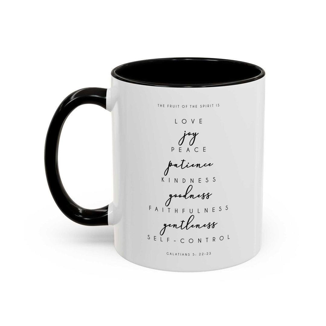 Bible quote mug with black handle and interior featuring Galatians 5:22