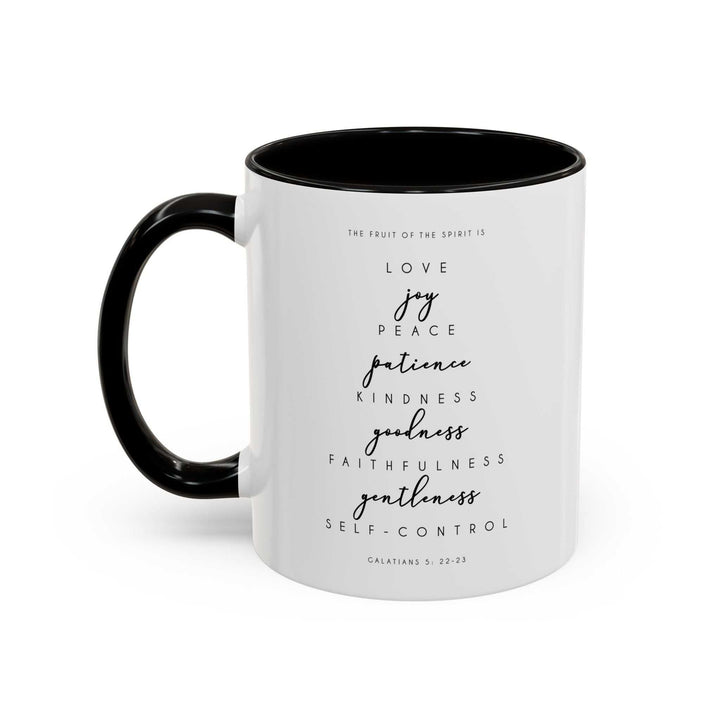 Bible quote mug with black handle and interior featuring Galatians 5:22