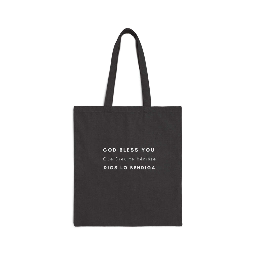 Black cotton canvas tote bag with "God Bless You" faith message in English, French, and Spanish