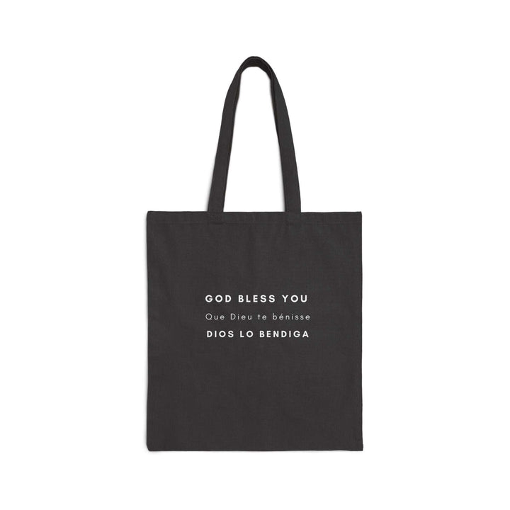 Black cotton canvas tote bag with "God Bless You" faith message in English, French, and Spanish