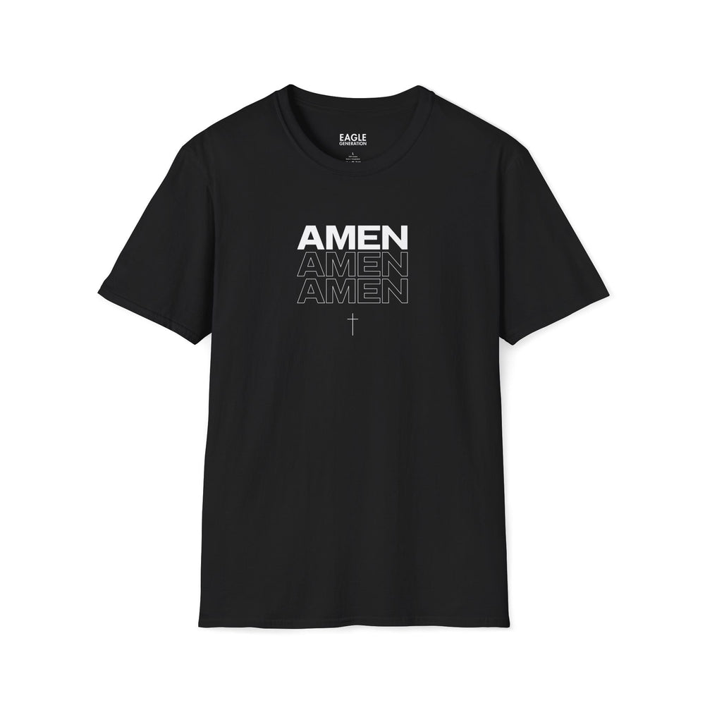 Black Amen T-shirt with white text and cross symbol, classic fit, 100% ring-spun cotton